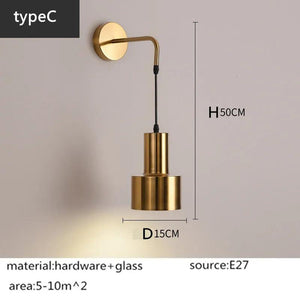 Nordic simple interior round glass golden wall lamp iron plated single head living room bedroom bedside wall light sconces