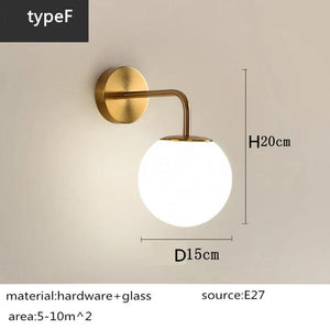 Nordic simple interior round glass golden wall lamp iron plated single head living room bedroom bedside wall light sconces