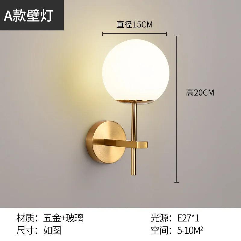 Nordic simple interior round glass golden wall lamp iron plated single head living room bedroom bedside wall light sconces