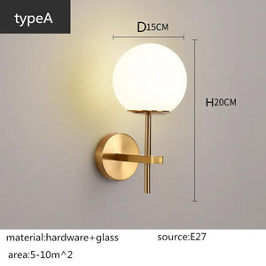 Nordic simple interior round glass golden wall lamp iron plated single head living room bedroom bedside wall light sconces