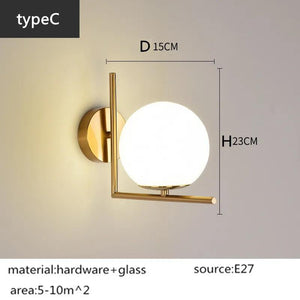 Nordic simple interior round glass golden wall lamp iron plated single head living room bedroom bedside wall light sconces