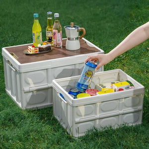 Outdoor Camping Folding Box With Wooden Lid Car Storage Box Food Organizer Container for Household Large Capacity Storage Box