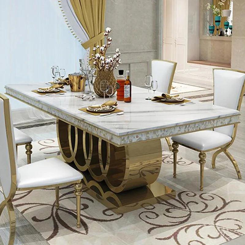 Post-Modern Marble Top-Grade Dining Table And Chairs Combination Stainless Steel Top Crown Apartment Golden Carved Furniture