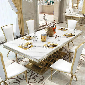 Post-Modern Marble Top-Grade Dining Table And Chairs Combination Stainless Steel Top Crown Apartment Golden Carved Furniture