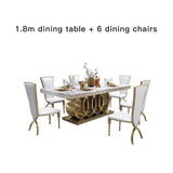 Post-Modern Marble Top-Grade Dining Table And Chairs Combination Stainless Steel Top Crown Apartment Golden Carved Furniture