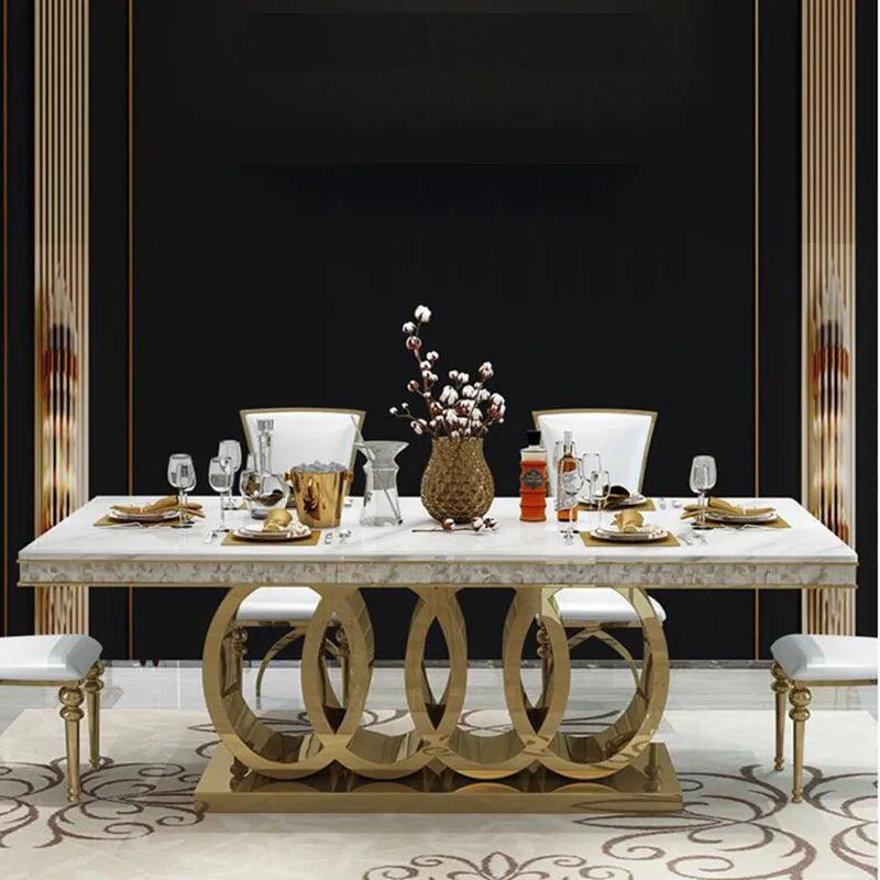 Post-Modern Marble Top-Grade Dining Table And Chairs Combination Stainless Steel Top Crown Apartment Golden Carved Furniture