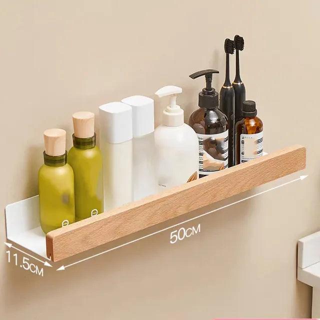 Punch-Free Bathroom Shelf Wooden Shelf Wall-Mounted Shower Wall Shelves For Shampoo Waterproof Storage Rack Bathroom Organizer