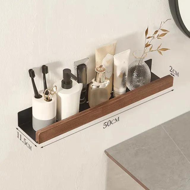 Punch-Free Bathroom Shelf Wooden Shelf Wall-Mounted Shower Wall Shelves For Shampoo Waterproof Storage Rack Bathroom Organizer