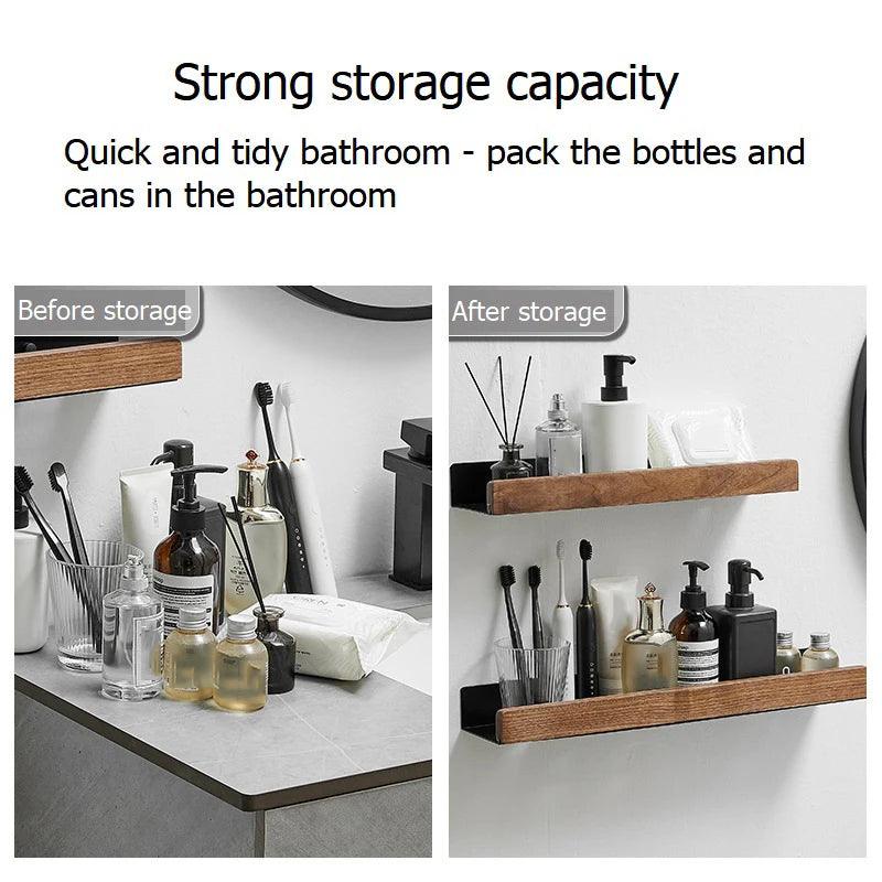 Punch-Free Bathroom Shelf Wooden Shelf Wall-Mounted Shower Wall Shelves For Shampoo Waterproof Storage Rack Bathroom Organizer