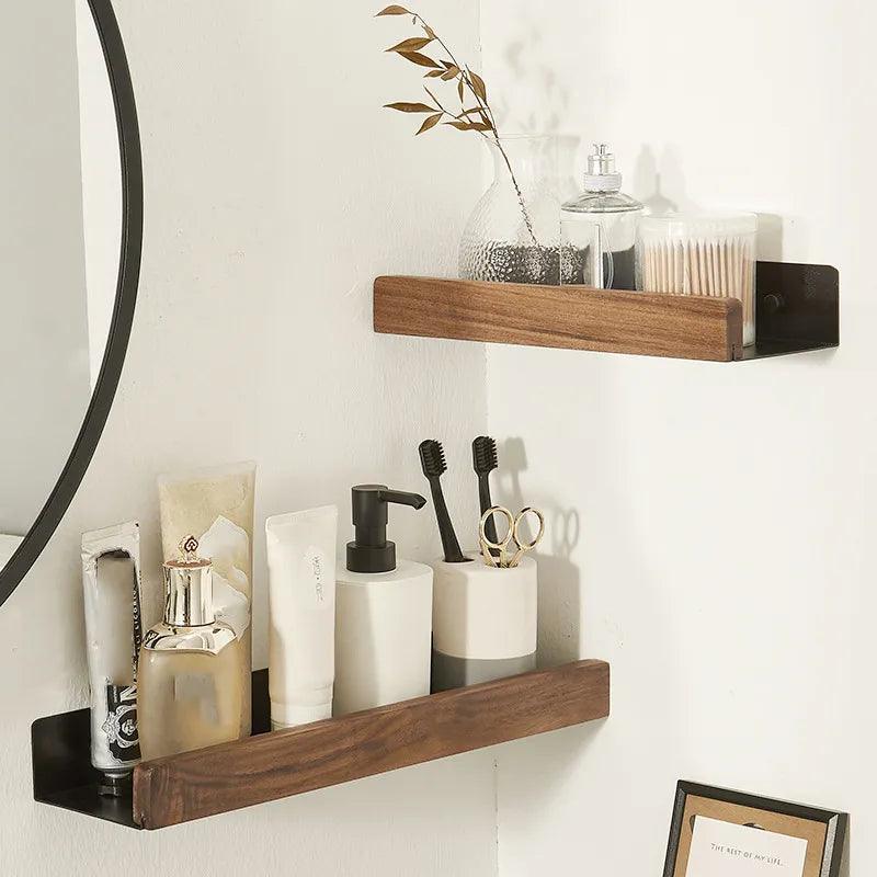 Punch-Free Bathroom Shelf Wooden Shelf Wall-Mounted Shower Wall Shelves For Shampoo Waterproof Storage Rack Bathroom Organizer