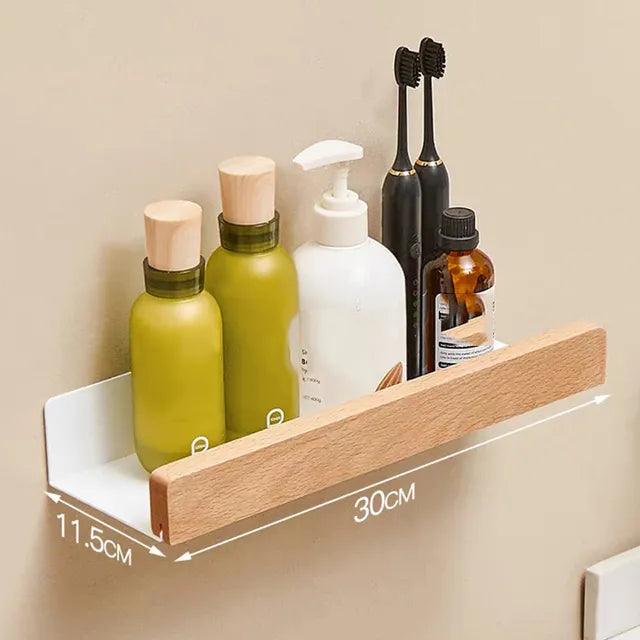 Punch-Free Bathroom Shelf Wooden Shelf Wall-Mounted Shower Wall Shelves For Shampoo Waterproof Storage Rack Bathroom Organizer