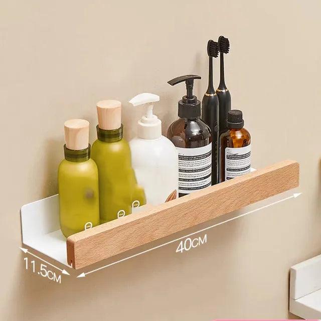 Punch-Free Bathroom Shelf Wooden Shelf Wall-Mounted Shower Wall Shelves For Shampoo Waterproof Storage Rack Bathroom Organizer