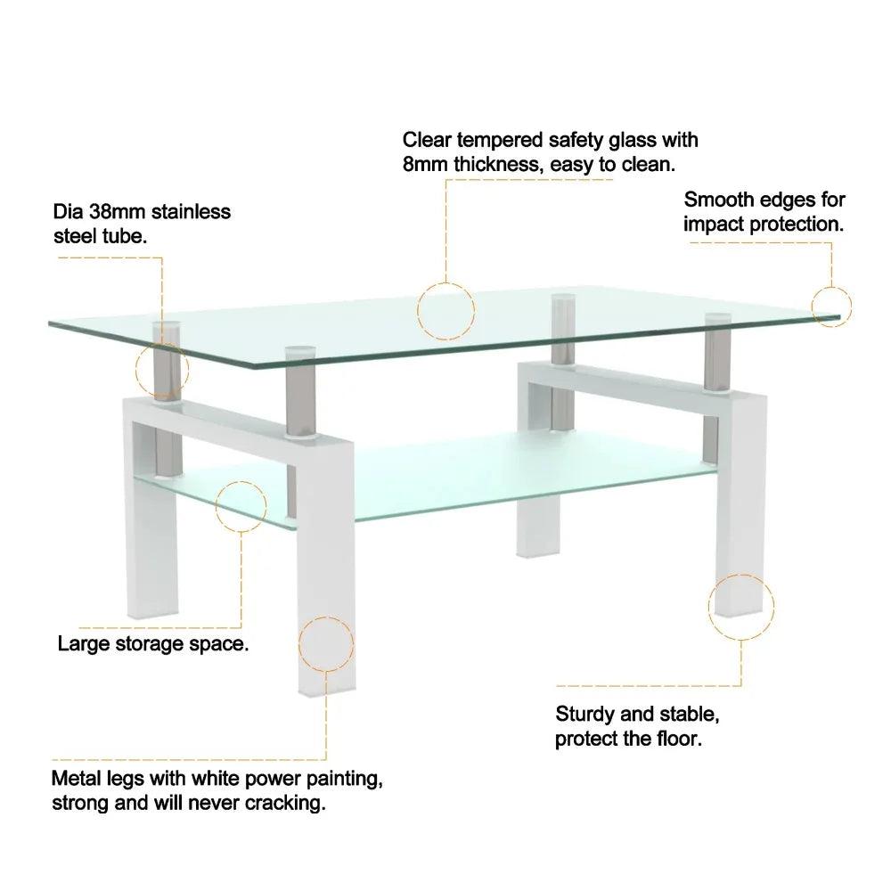 Rectangle Tempered Glass Coffee Table Metal Tube Legs End Table for Living Room, Silver mesas de centro para sala