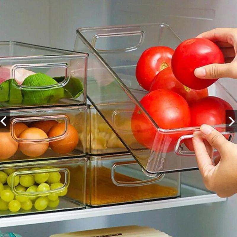 Refrigerator Organizer Pantry Food Storage Stackable Boxes With Cut Out Clear Plastic Handle