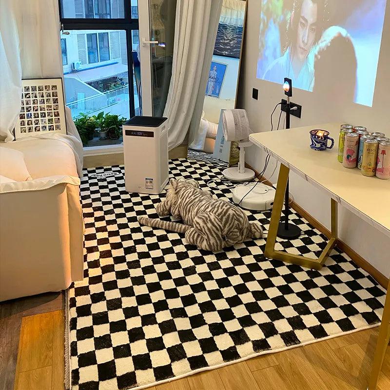 Retro Checkerboard Rugs for Bedroom Home Decor Fluffy Soft Plush Floor Mat Living Room Decoration Carpet Lattice Lounge Rug