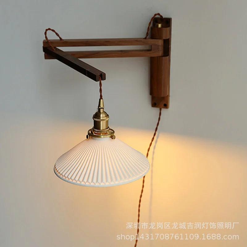 Retro Folding Wall Lamp Silent Style Design Sense Black Walnut Retractable Rotating Bedroom Bedside Wall Lamp