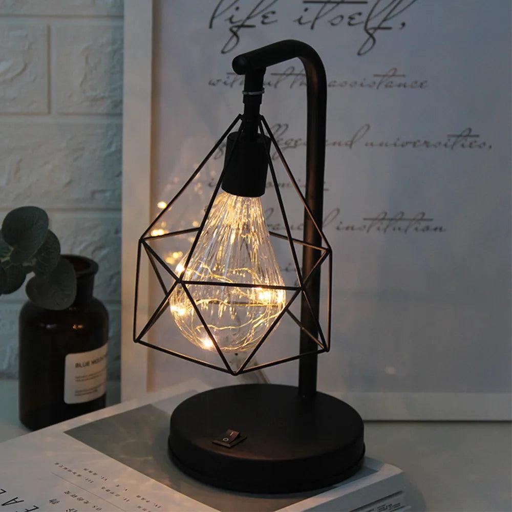 Retro Table Lamp Black Geometric Desk Lighting Night Light Bedside Lamp Classic Iron Home Decoration 2023 Ramadan Decoration