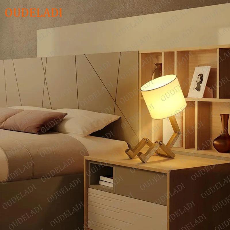 Robot Shape Wooden Table Lamp E14 Lamp Holder 110-240V Modern Cloth Art Wood Desk Table Lamp Parlor Indoor Study Night Light