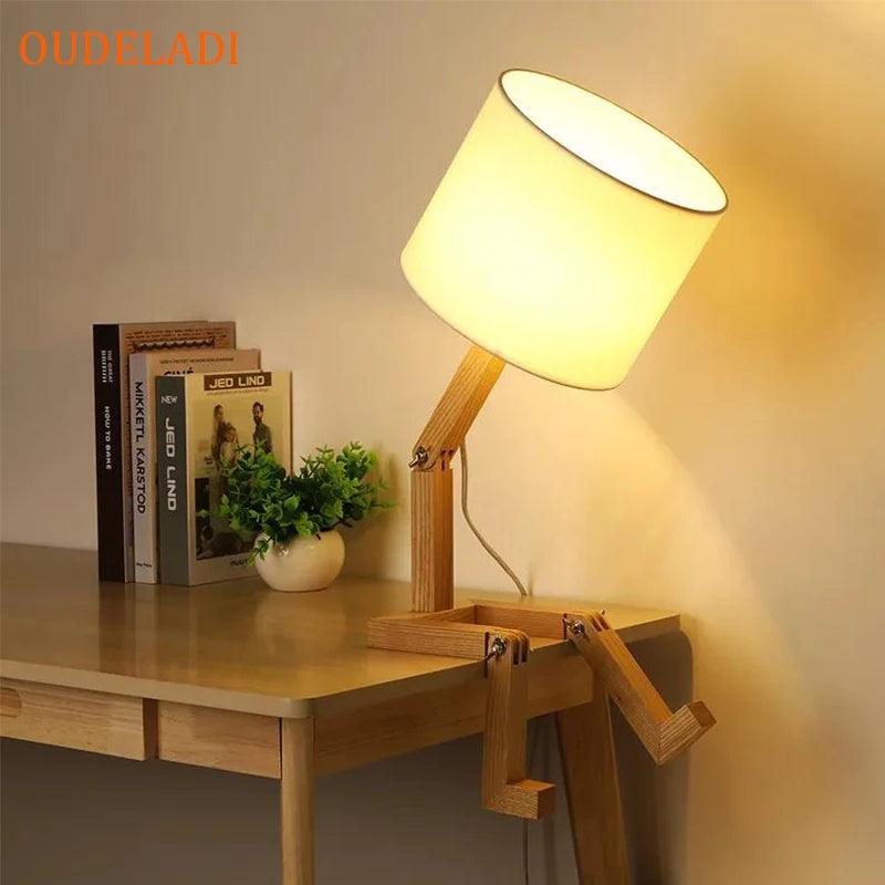 Robot Shape Wooden Table Lamp E14 Lamp Holder 110-240V Modern Cloth Art Wood Desk Table Lamp Parlor Indoor Study Night Light