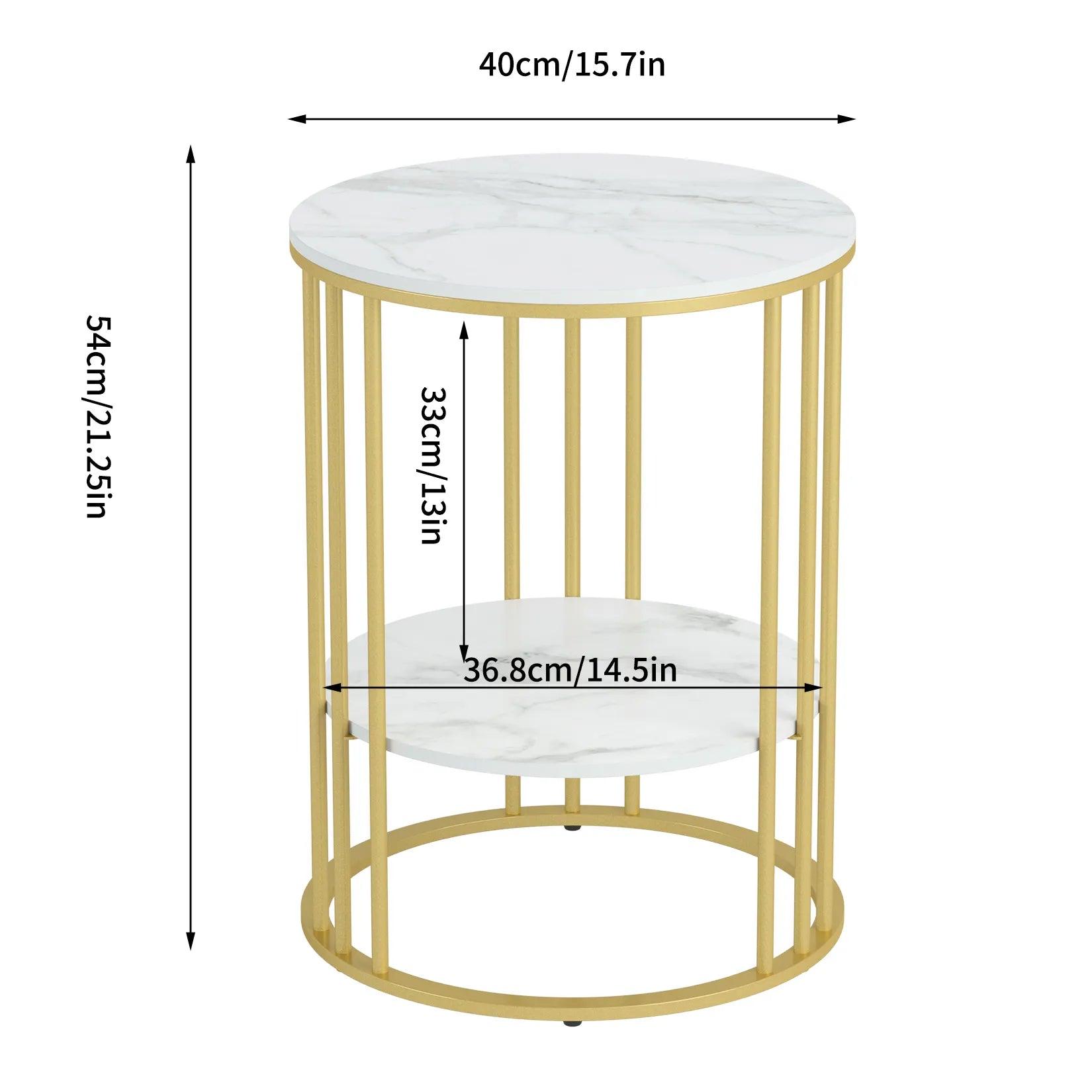 Round Marble Accent Table End 2 Tiers Storage Table Gold Metal Frame Nightstand for Living Room, Bedroom