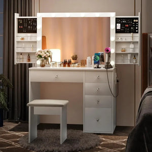 SMOOL Makeup Vanity Desk with Lighted Mirror & Power Outlet 5 Drawers, Table 3 Lighting Modes Brightness Adjustable