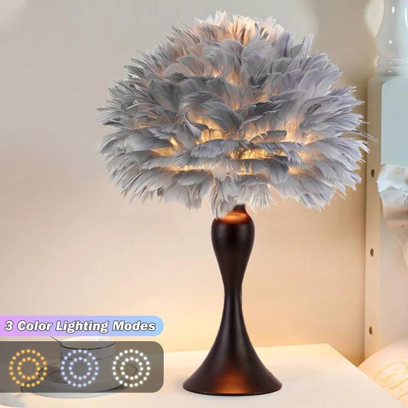 Simple Feather LED Table Lamp Bedroom Bedside Desk Lamp Living Room Decoration Metal Table Lights European Romantic Night Light