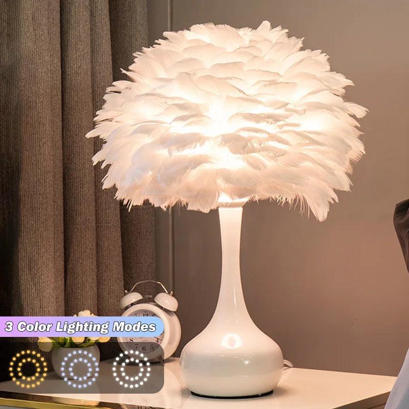 Simple Feather LED Table Lamp Bedroom Bedside Desk Lamp Living Room Decoration Metal Table Lights European Romantic Night Light