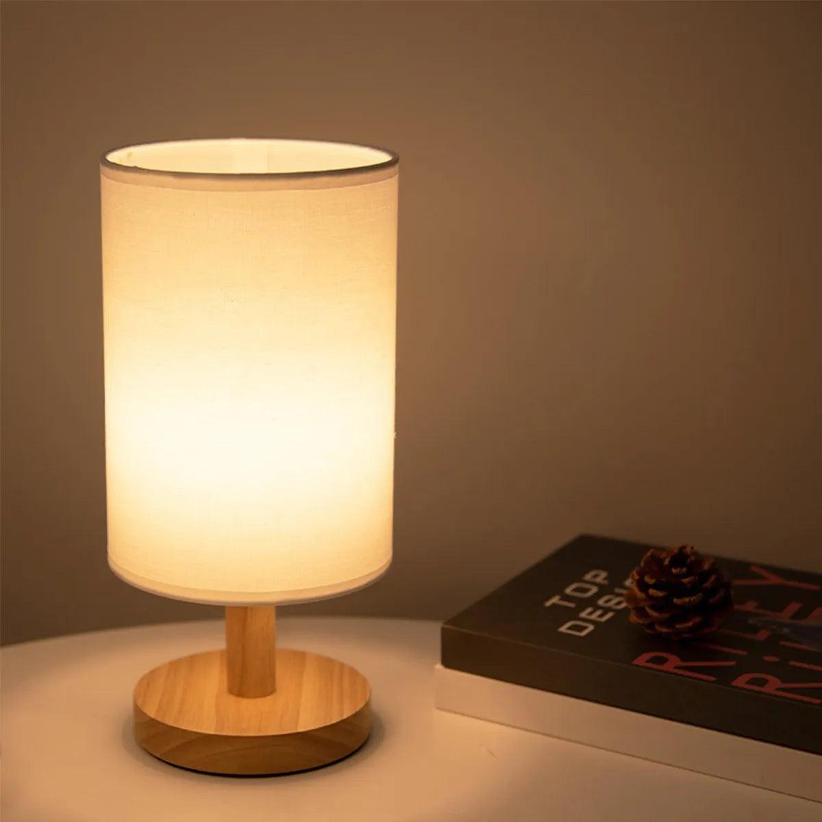 Solid Wood Night Lamp New Linen Table Lamp LED Desk Lamp Eye Protection Nightstand Lamp USB Powered Beside Lamp Bedroom Decor