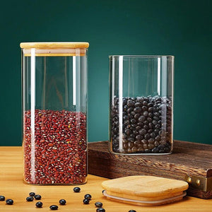 Square Glass Storage Jars with Bamboo Lid for Coffee Beans Grains Noodles food Storage Containers Kitchen Organizers Storage