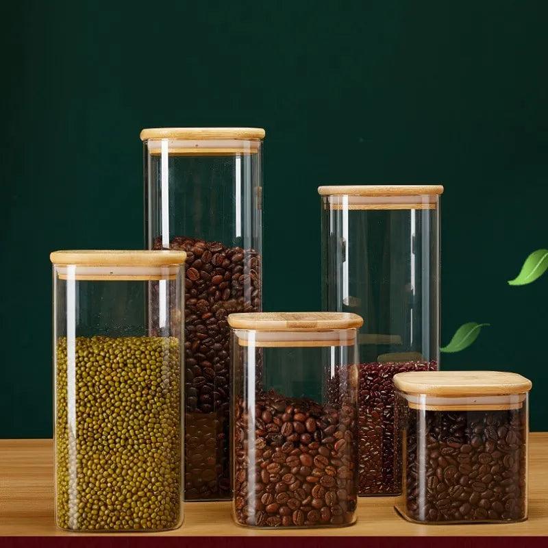 Square Glass Storage Jars with Bamboo Lid for Coffee Beans Grains Noodles food Storage Containers Kitchen Organizers Storage