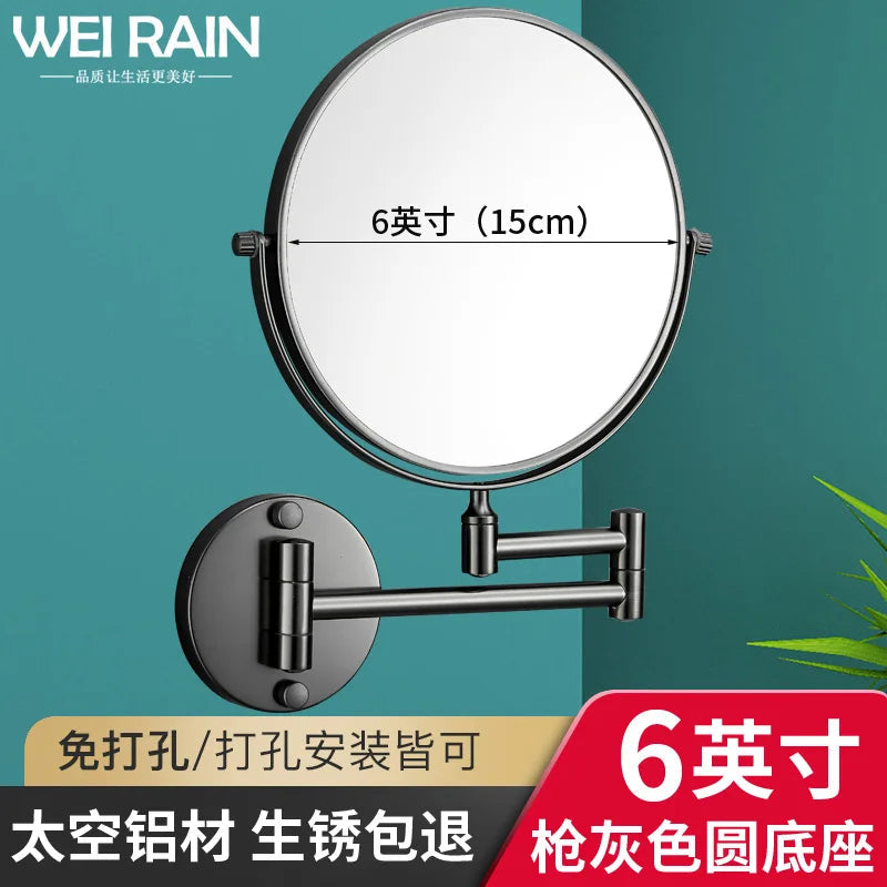 Telescopic Folding Makeup Mirror Wall Hanging Free Punching Bathroom Accessories Black Metal Magnifying Beauty Round Wall Mirror