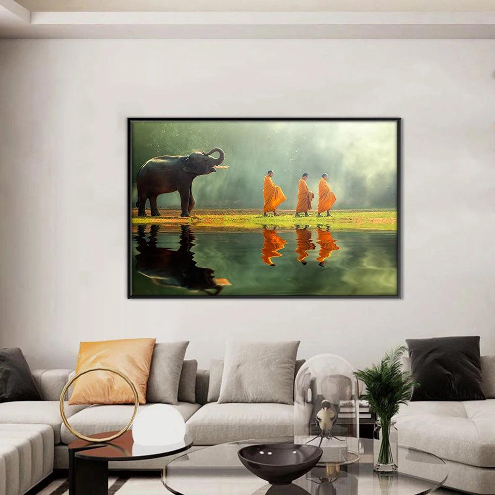 Thailand Elephant Monk Landscape Photo Print Poster for Living Room Home Decor Wall Art Canvas Paintings Nature Pictures Cuadros