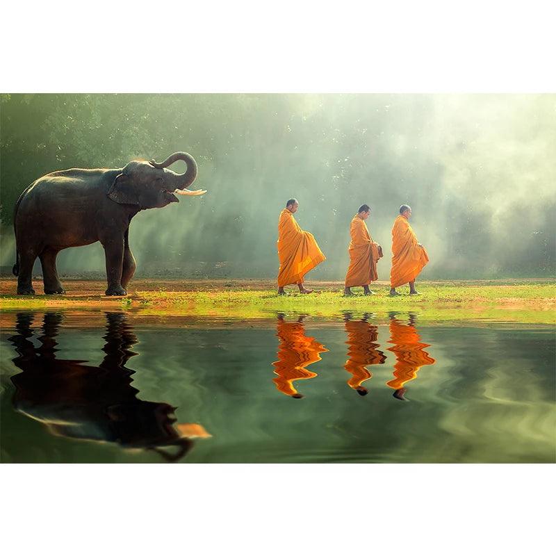 Thailand Elephant Monk Landscape Photo Print Poster for Living Room Home Decor Wall Art Canvas Paintings Nature Pictures Cuadros