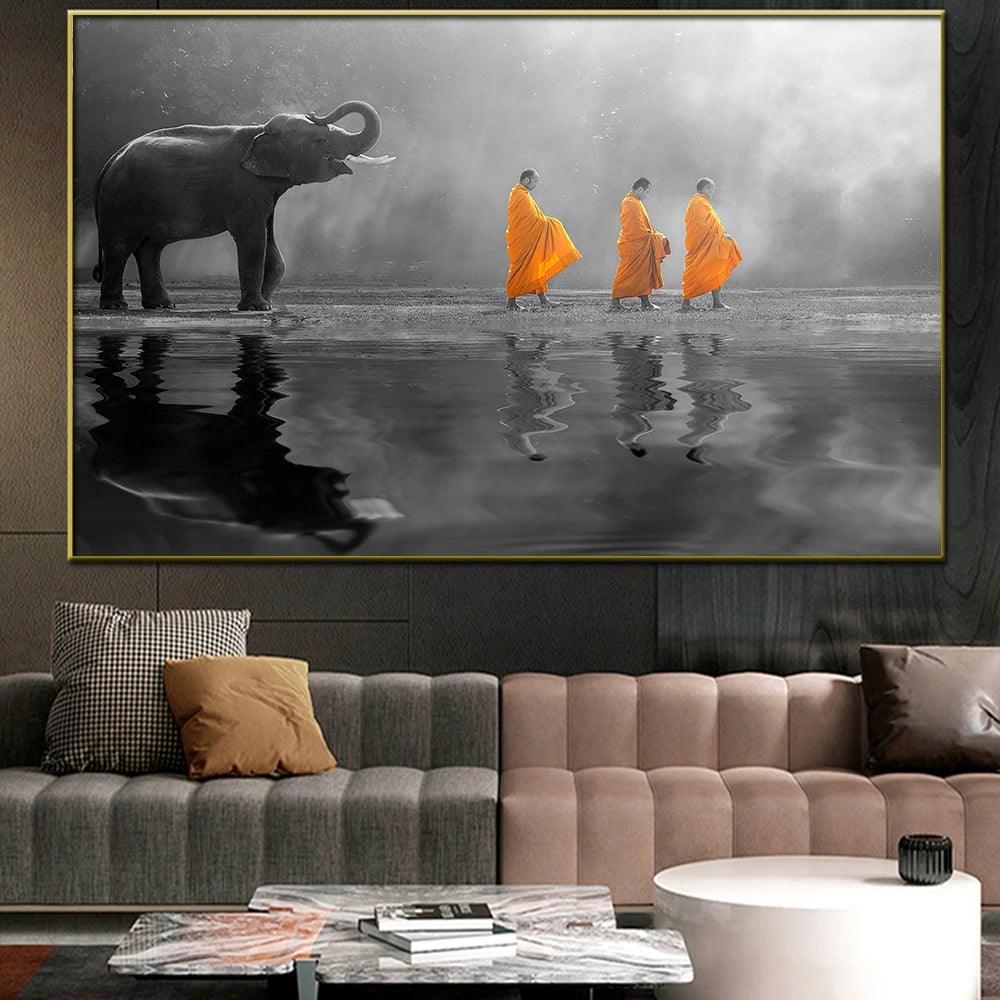 Thailand Elephant Monk Landscape Photo Print Poster for Living Room Home Decor Wall Art Canvas Paintings Nature Pictures Cuadros