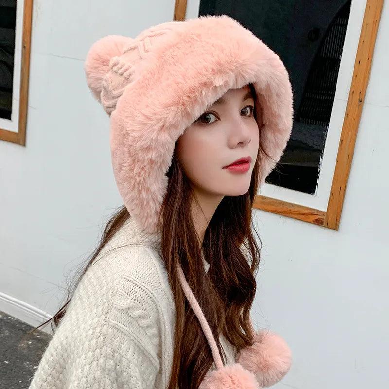 Thicken hat new style ladies fur ball plus velvet warm hood outdoor autumn and winter cold-proof fashion cute woolen wholesale