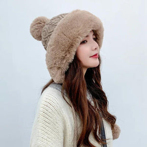 Thicken hat new style ladies fur ball plus velvet warm hood outdoor autumn and winter cold-proof fashion cute woolen wholesale