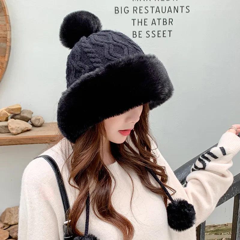 Thicken hat new style ladies fur ball plus velvet warm hood outdoor autumn and winter cold-proof fashion cute woolen wholesale