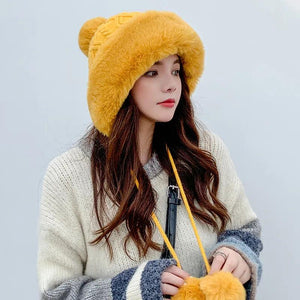 Thicken hat new style ladies fur ball plus velvet warm hood outdoor autumn and winter cold-proof fashion cute woolen wholesale