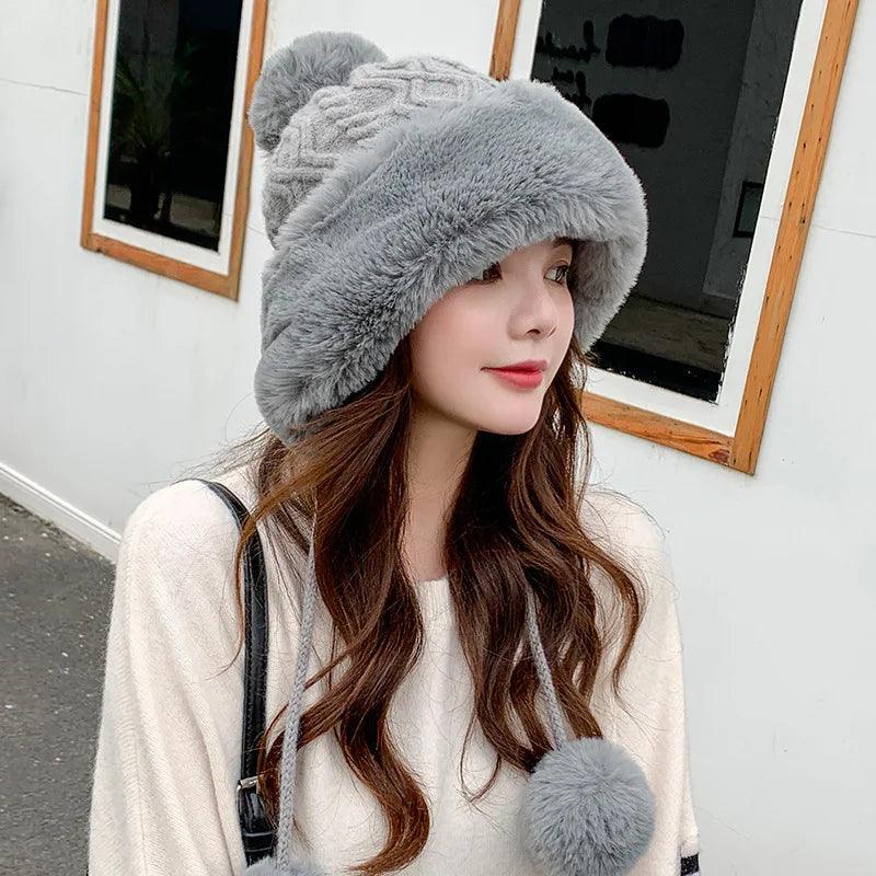 Thicken hat new style ladies fur ball plus velvet warm hood outdoor autumn and winter cold-proof fashion cute woolen wholesale