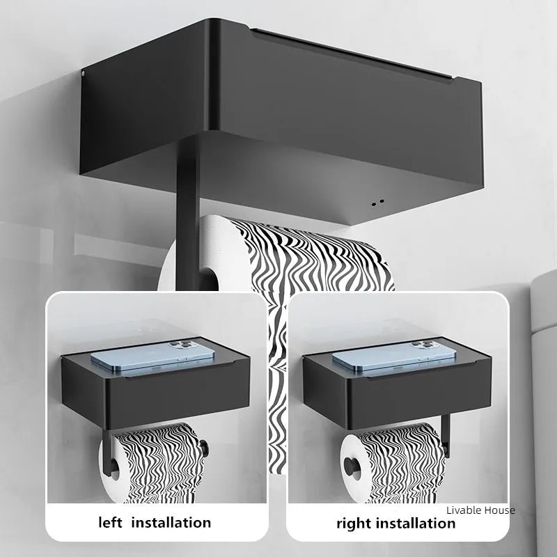 Toilet Roll Holder Bathroom Storage Rack with Wipes Dispenser Black Multi-function Roll Paper Holder Stainless Steel Accessorie