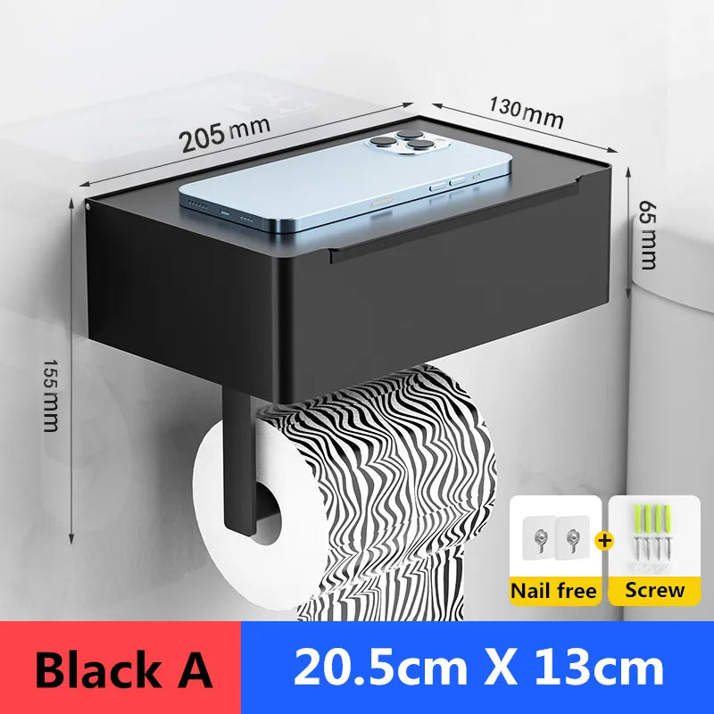 Toilet Roll Holder Bathroom Storage Rack with Wipes Dispenser Black Multi-function Roll Paper Holder Stainless Steel Accessorie