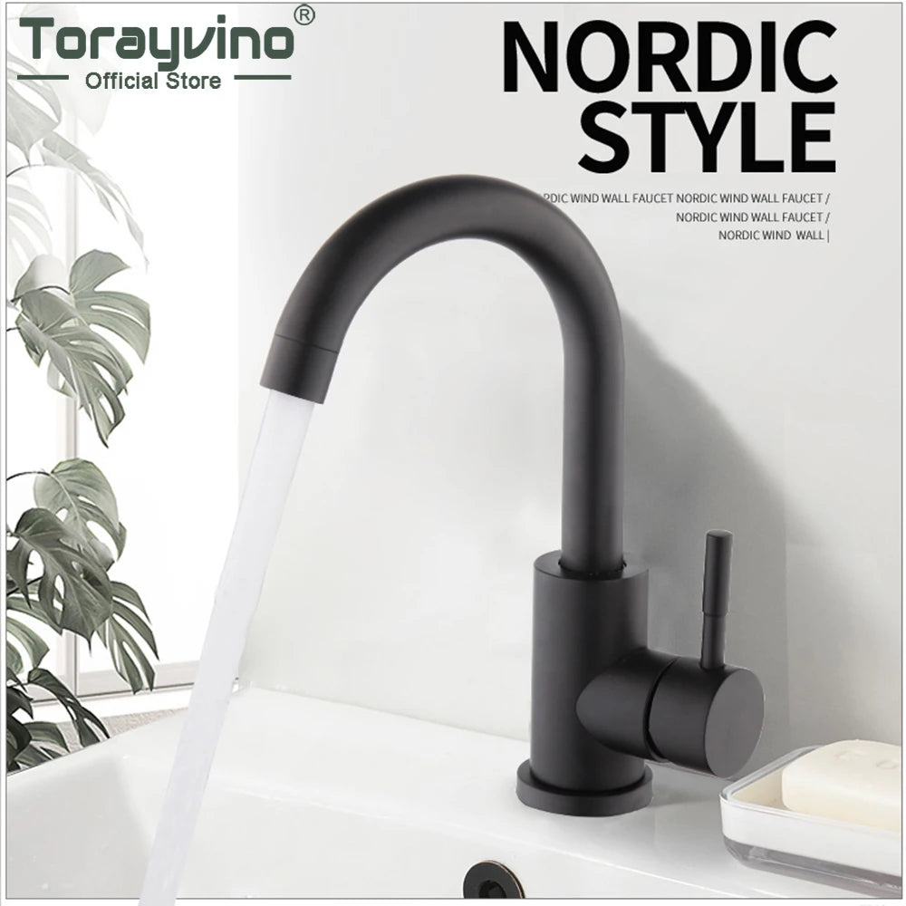 Torayvino-grifo de lavabo moderno negro mate, grifo de baño montado en cubierta, manija de Palanca única, mezclador frío y caliente de acero inoxidable