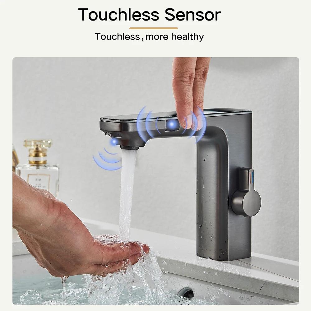 Touchless Sensor Basin Faucet Brass Smart Digital Display Bathroom Sink Faucet Grey Sense Hot Cold Water Mixer Tap Battery Power