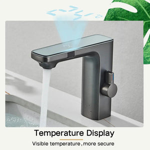 Touchless Sensor Basin Faucet Brass Smart Digital Display Bathroom Sink Faucet Grey Sense Hot Cold Water Mixer Tap Battery Power