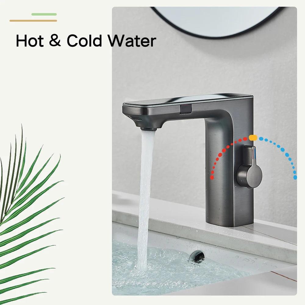 Touchless Sensor Basin Faucet Brass Smart Digital Display Bathroom Sink Faucet Grey Sense Hot Cold Water Mixer Tap Battery Power