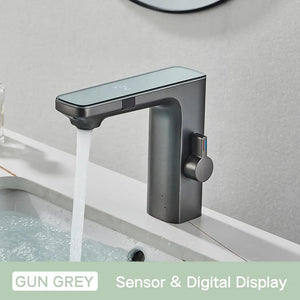 Touchless Sensor Basin Faucet Brass Smart Digital Display Bathroom Sink Faucet Grey Sense Hot Cold Water Mixer Tap Battery Power