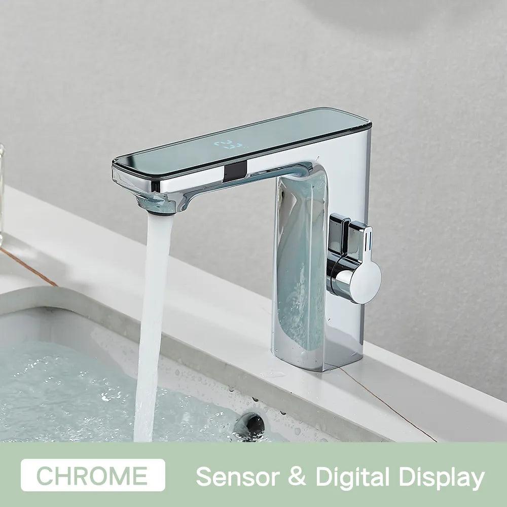 Touchless Sensor Basin Faucet Brass Smart Digital Display Bathroom Sink Faucet Grey Sense Hot Cold Water Mixer Tap Battery Power