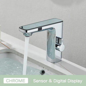 Touchless Sensor Basin Faucet Brass Smart Digital Display Bathroom Sink Faucet Grey Sense Hot Cold Water Mixer Tap Battery Power