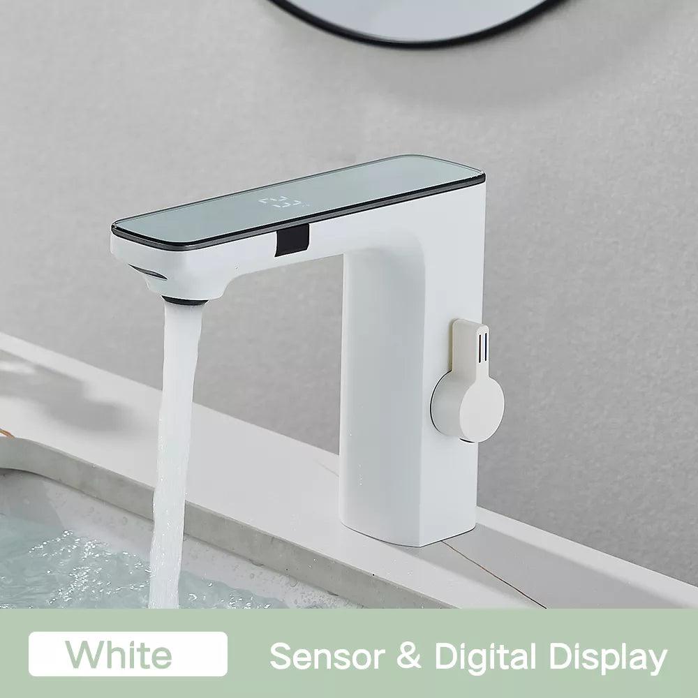 Touchless Sensor Basin Faucet Brass Smart Digital Display Bathroom Sink Faucet Grey Sense Hot Cold Water Mixer Tap Battery Power