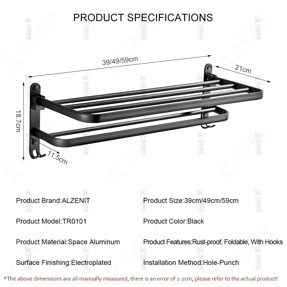 Towel Rack 40-60 CM Folding Holder With Hook Bathroom Accessories Wall Mount Rail Shower Hanger Aluminum Bar Matte Black Shelf